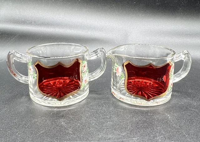 Antique Gettysburg 1863 EAPG Glass Creamer & Sugar Ruby Red Hand Painted Floral