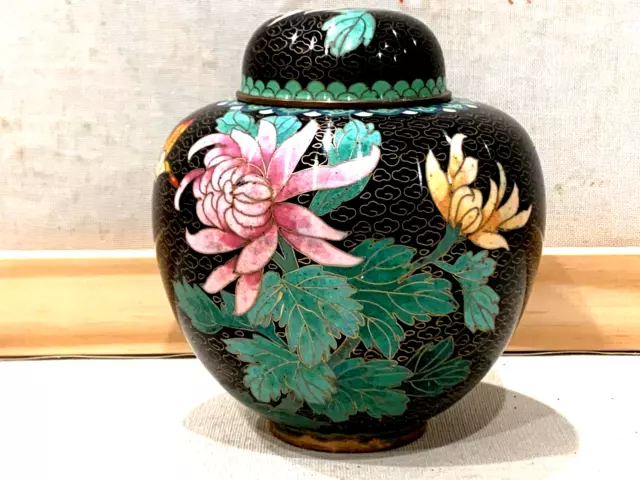 Antique Chinese H/Painted Enamel Cloisonne Urn Vase Bowl With Flower Design