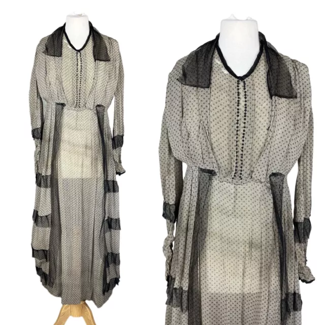 Antique 1900s Printed Sheer Silk Gauze Day Dress, Edwardian Dress, As-Found