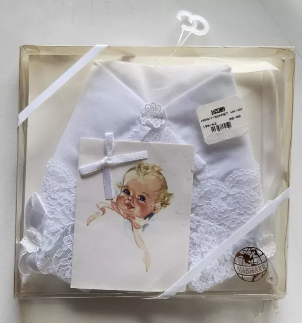 NIB Vintage Nasharr White Lace Baby Bonnet Bride Hanky Keepsake
