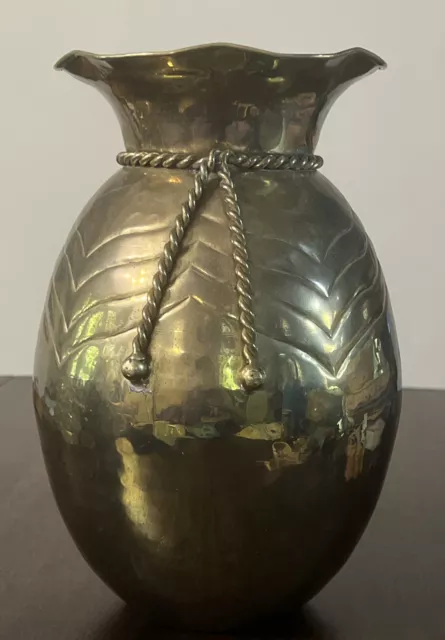 Vintage Hammered Solid Brass With Braided Rope planter pot bowl 10” India