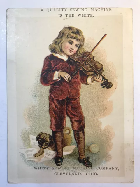 Cleveland Ohio Victorian Trade Card White Sewing Machine Fiddle Pug Dog Child OH