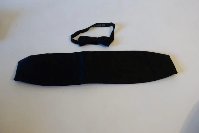 Mens Black 2 Pc Set Silk Made In Italy Formal Bow-Tie Cummerbund *