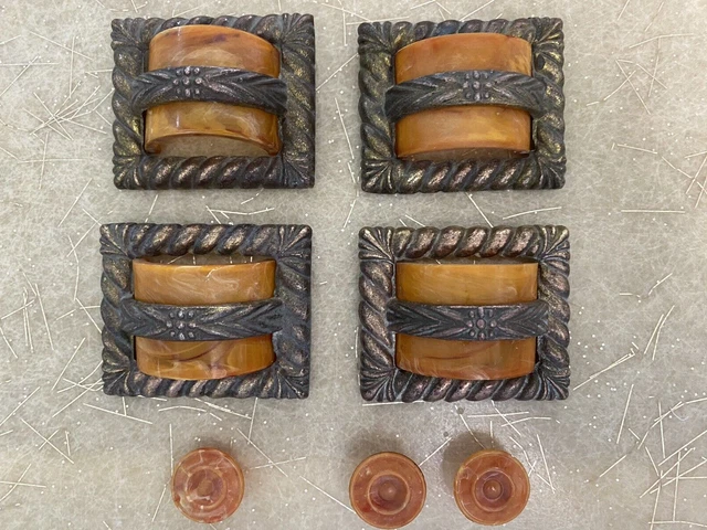 7 Art Deco Drawer Pulls Orange Bakelite Dresser Hardware Vintage Brass Finish