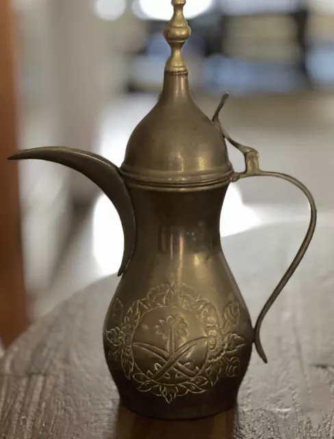 Gorgeous Brass Dallah Coffee Tea Pot Saudi Arabia Etched Floral Swords Vintage