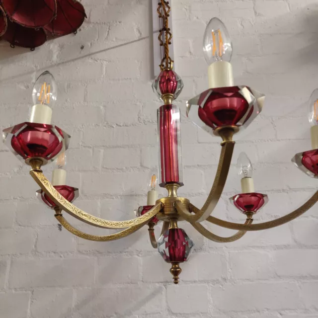 Murano Glass 8 Branch Brass Chandelier 1950's Midcentury