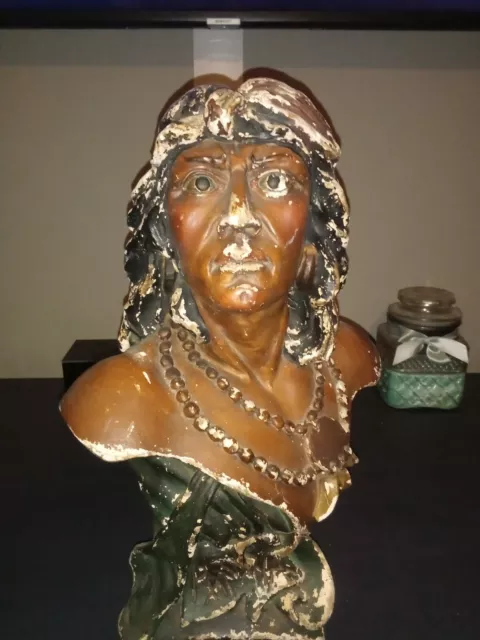 Hiawatha Painted Chalk Cigar Store Indian Bust  ANTIQUE CHALKWARE