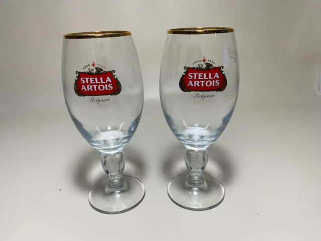 STELLA ARTOIS Belgian Chalice Stemmed Gold Rim Beer Glass 33 Cl Set of 2