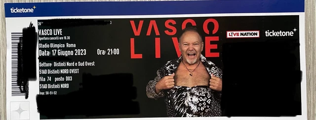 1 Biglietto Vasco Rossi - Roma Sabato 17/06 DISTINTI NORD OVEST