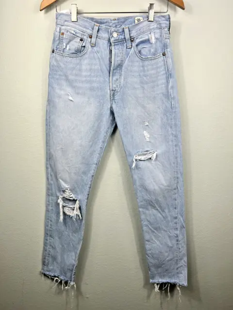Levi's 501 Women Jeans 26 X 28 Skinny White Oak Cone Denim Distressed Button Fly