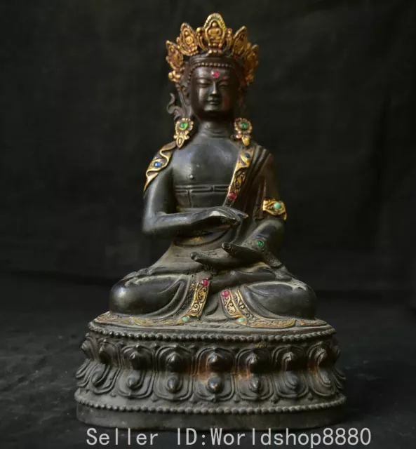 8.4"Old Tibet Bronze Gilt Inlay Gems White Tara Spirit Compassion Goddess Statue