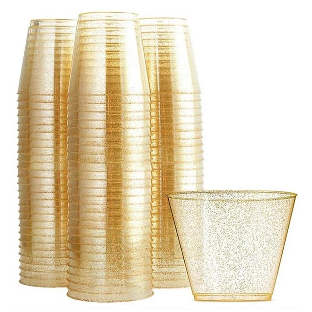 Taza de plástico dorado desechable taza de agua polvo dorado 90 OZ taza de jugo postre B8L2