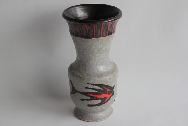 GRAND VASE AMPHORA signé, décor d'OISEAUX CORVIDES, en émail, années 50