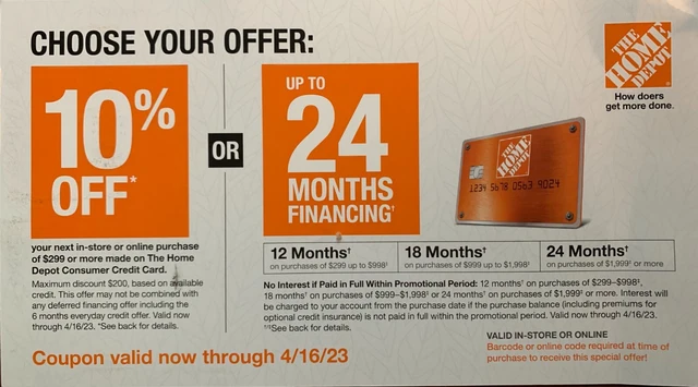 HOME DEPOT 10% OFF COUPON - Online or In Store w/HD Credit Card Exp. 4/16/2023