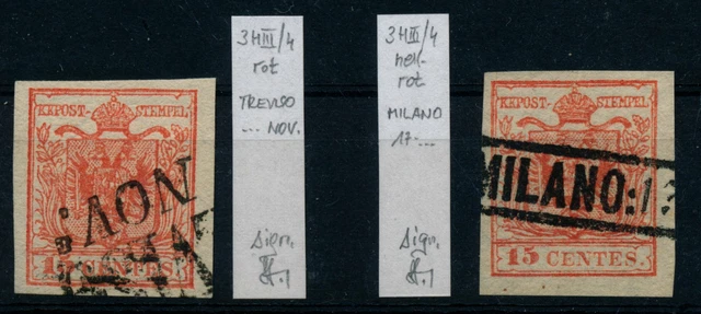 LOMBARDEI-VENETIEN 1850 2MARKE:beide 15C, HP, Type III. Rot und hellrot. Bestim.
