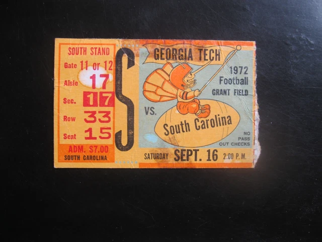 1972 Georgia Tech Yellow Jackets Football Stub vs South Carolina 9/16/72