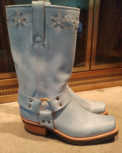 FRYE 77700 FLOWER Studded Laser Cut Baby Blue Leather Harness Boots NEW Size 7 95.20 PicClick
