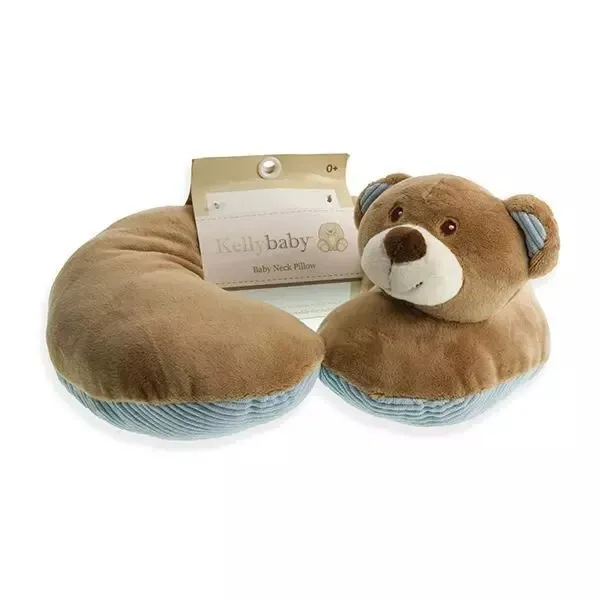 KellyBaby Brown Bear Baby Neck Pillow with Blue Trim TRAVEL SAFE-COMFORTABLE