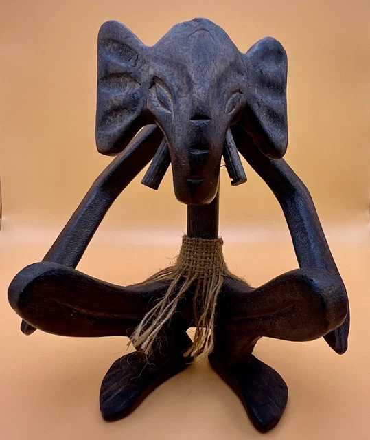 VTG Carved Dark Wooden Elephant Man w/ Burlap Loin Cloth Indonesia Squatting