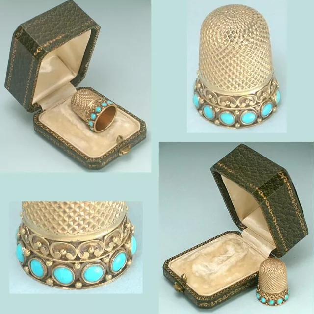 Antique 15 Ct Gold Thimble w/ Turquoise Band in Case * English * Circa 1870