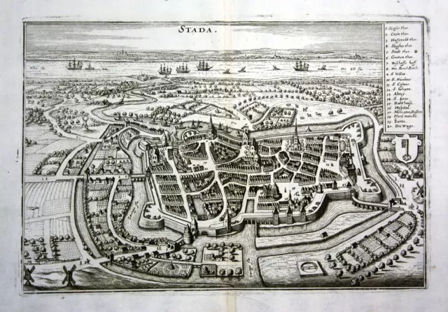 Stade Niedersachsen Ansicht Plan Elbe Kupferstich engraving Merian 1650