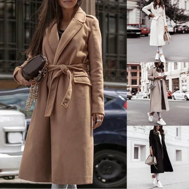 Jacket Coat Trench Overcoat Outwear Women Long Winter Windproof Lapel Belted