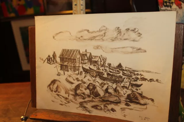 WWII Print German Frontline Artist PK Correspondence Sketch Soldier Fish Boats