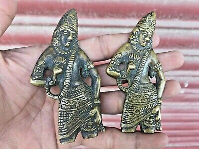 Old Rare Handmade Set of 2 Hindu God Krishna Brass Figure Door Handle Knob