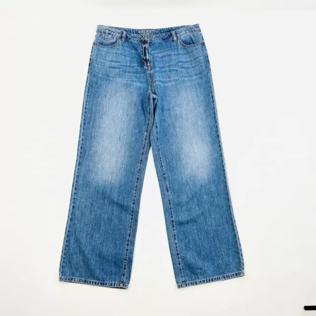 Jeans Next UK 14 gambe larghe blu lavaggio pietra a metà altezza denim morbido classico dimagrante