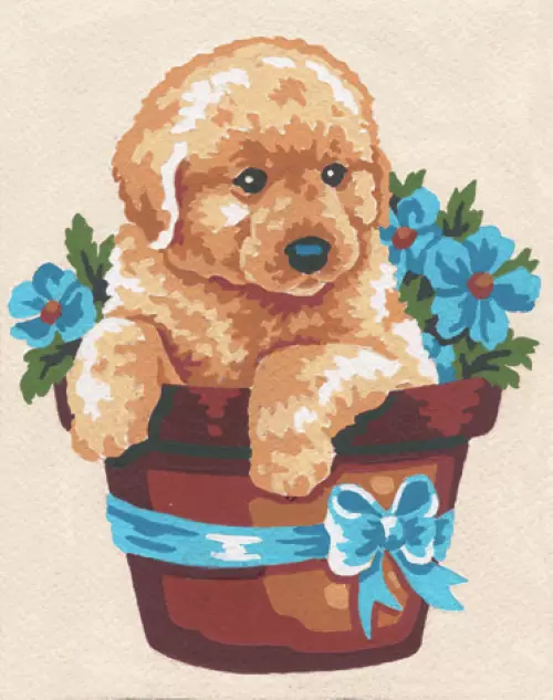 1x Printed Tapestry Thread Canvas Puppy in Flower Pot Sewing Craft Tool Hobby