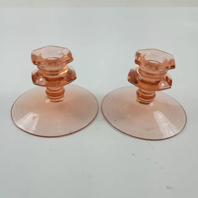 Pink Etched Depression Glass Candlestick Holder, Set of 2