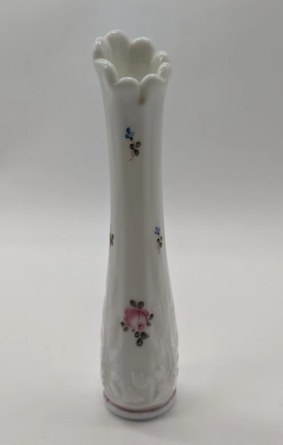 Vintage Westmoreland Paneled Grape Milk Glass Bud Vase Hand Painted 9 1/2"