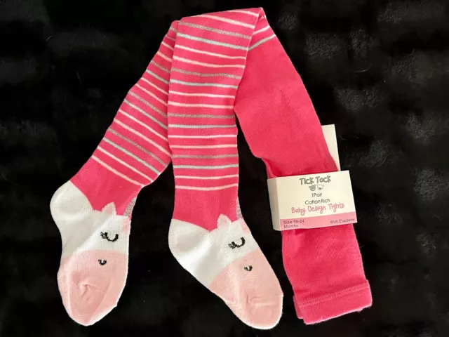 Baby Girls Pink Silver White Unicorn Tights-6/12 Months-Cotton Rich-New