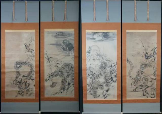 Antique Japan Tora painting on paper scroll 1700 Sumi-e Zen art