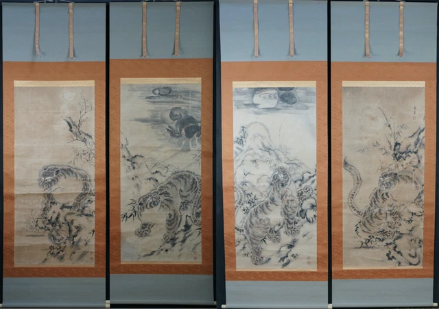 Antique Japan Tora painting on paper scroll 1700 Sumi-e Zen art