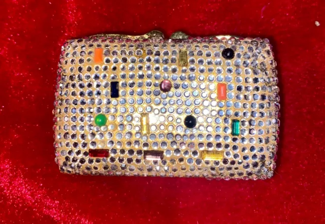 Judith Leiber Gold Tone multi colored crystals Pill Box Trinket