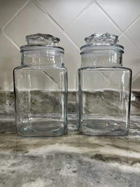 Vintage Apothecary Jar Set Of TWO With TWO Lids Clear Glass Large