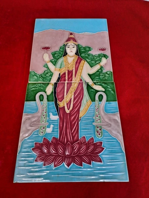 2 Pc 1 Set God Laxmi Ji Design Embossed Majolica Ceramic Old Tiles Japan 0377 2