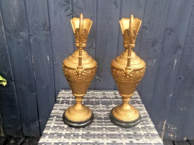 Pair Of French Antique Spelter Marble Ewers Urns Jugs Candle Holders Renaissance 2