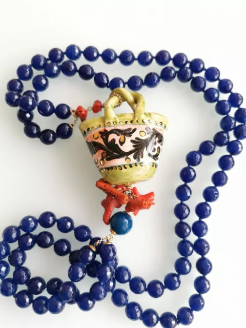 Collana ceramica Caltagirone, pietre dure agata blu e corallo, collana siciliana