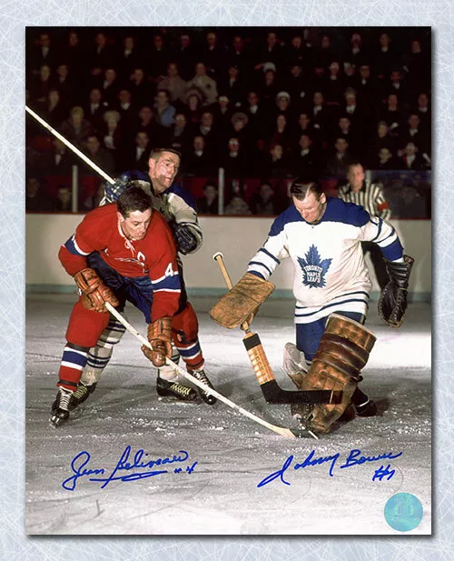 Jean Beliveau vs Johnny Bower Dual Signed Canadiens & Maple Leafs 8x10 Photo