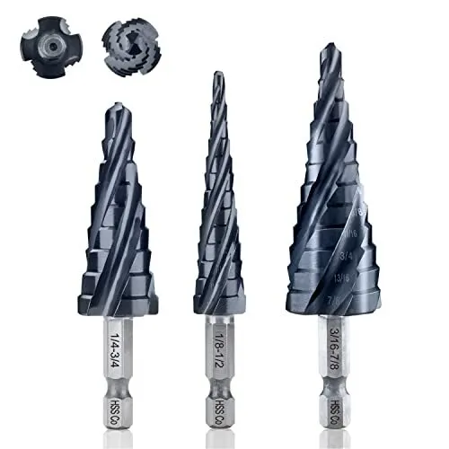 toolant Four Spiral Flute Cobalt Step Drill Bit Set(Pro Max), 1/8-7/8(3pcs) Impa