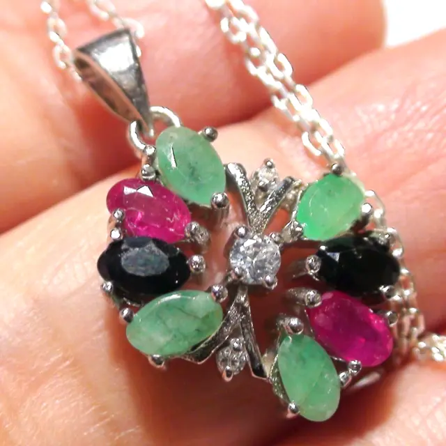 Lovely! Natural Ruby, Emerald,Sapphire Pendant 925 Sterling Silver.