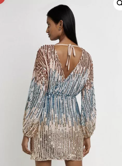 Abito da festa River Island rosa Ombre Paillettes Wrap mini pent up. UK 12. CTRL £85 NUOVO