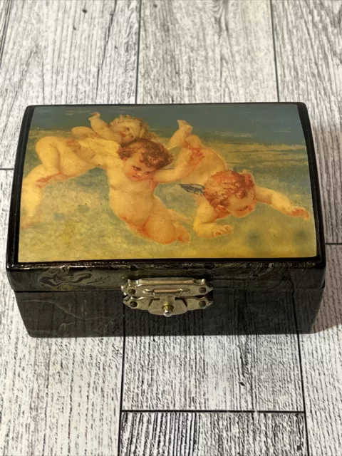 Lacquer Jewelry Trinket Box Vintage Angels/Cherubs Red Velvet Interior 3.5”x2.5”