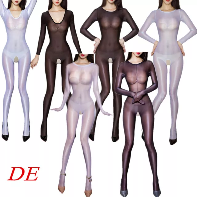DE Damen Bodysuit Dessous glänzend Overall Transparent Nachtwäsche Sexy Catsuit