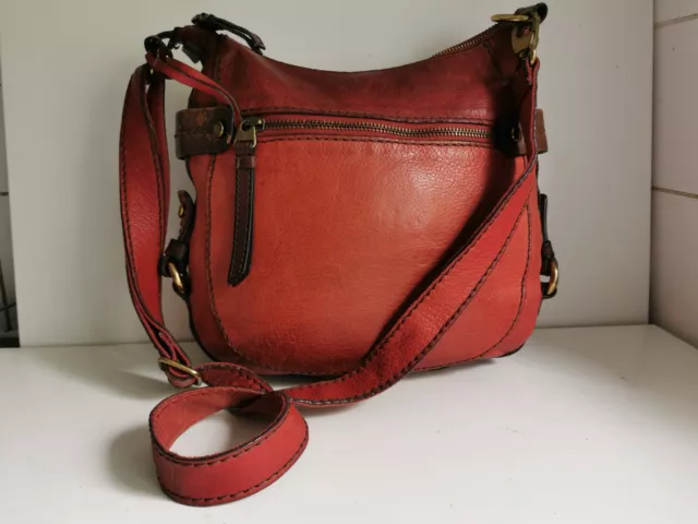 Fossil Designer Womens Red Brown Leather Shoulder Satchel Tote Crossbody Handbag