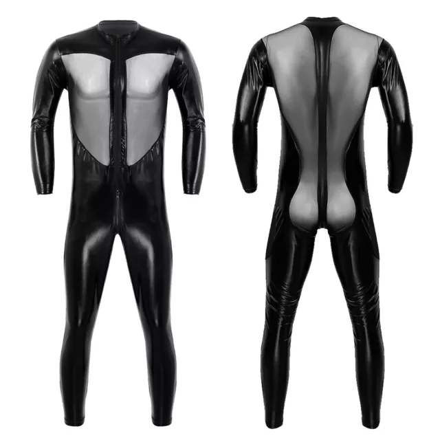 Men Wet Look Faux Leather Mesh Bodysuit Long Sleeve Jumpsuit Singlet Wrestling