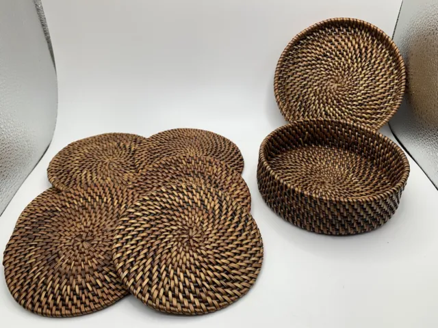 Sweet Grass Coaster Set 6 Barware Tiki Style Woven Rattan w Holder Hinged Lid