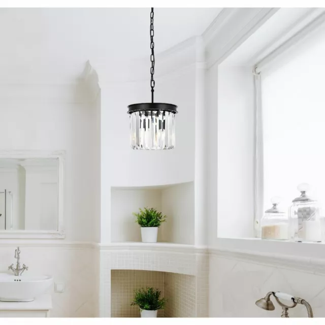 Crystal Pendant Matte Black Dining Room Kitchen Bathroom 3 Light Fixture 12"